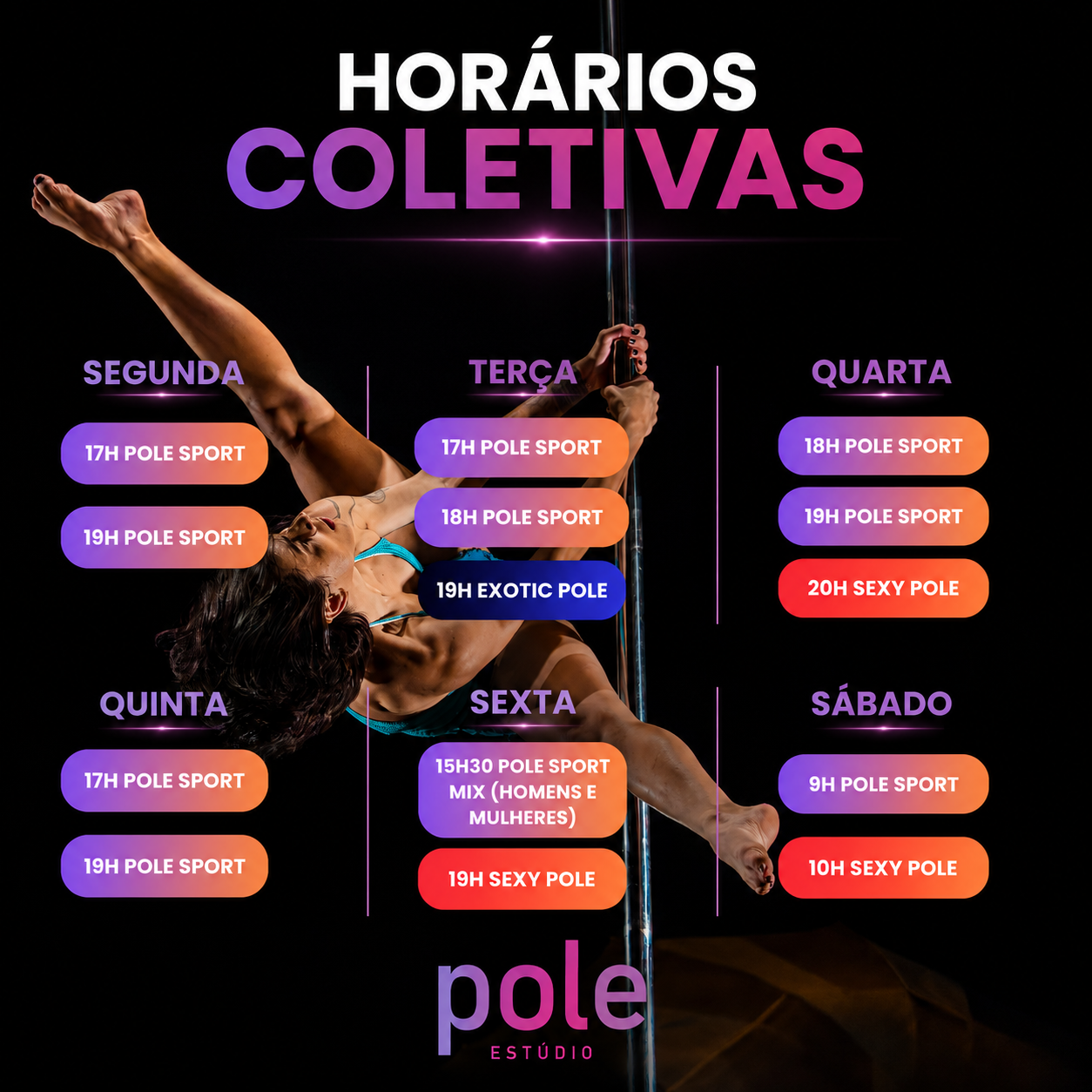 Grade de horários das aulas coletivas do Pole Estúdio
